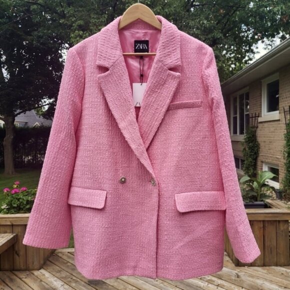 NWT Zara Women's Double Breasted Textured Tweed Blazer Size XXL Pink - Picture 8 of 14